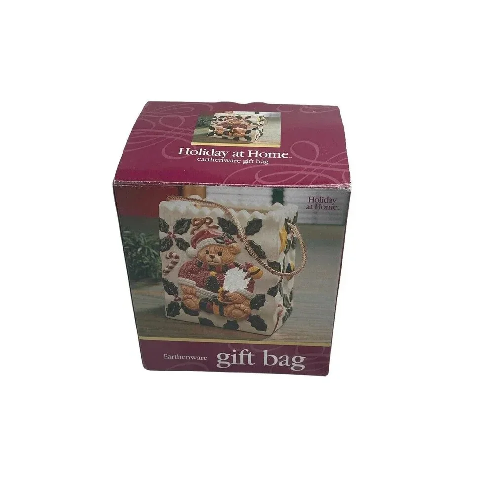 Teddy Bear Dressed As Santa Porcelain Bag Figurine With Box